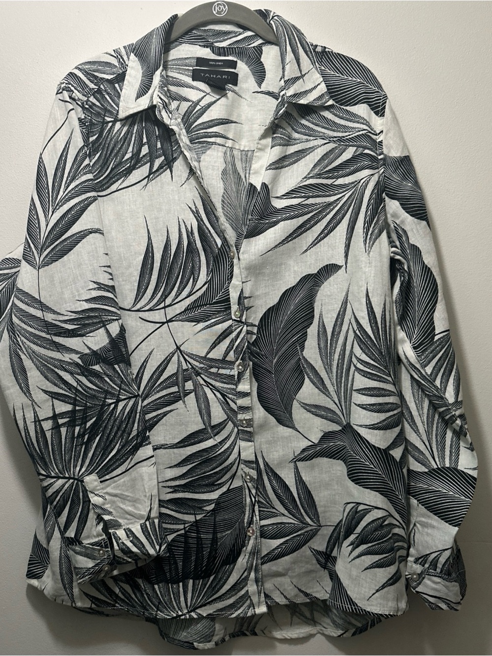 Tahari Black and White Leaf-Print Linen Shirt Size L Coastal